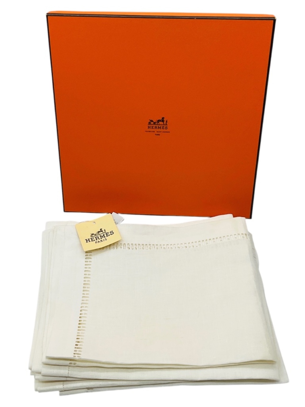 Hermes Ecru H Cut Out Patterned Linen Breakfast Napkins with Box (Assortment / S
